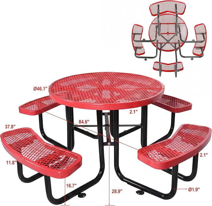 Heavy Duty Picnic Table for Outdoors 3200 lbs Load All Metal Dining Table with Umbrella Hole up to 1.5", Round Camping Table for Commercial Picnic Table with Benches, Red