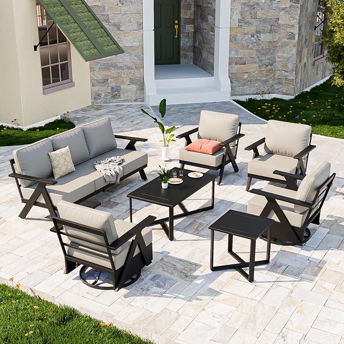 COOS BAY Iron Luxe 7 Piece Outdoor Patio Furniture Set, Modern Patio Conversation Set with Patio Chairs, Swivel Chairs, a 3 Seat Couch, Coffee Table & Side Table for Deck, Garden, Porch, Black/Beige