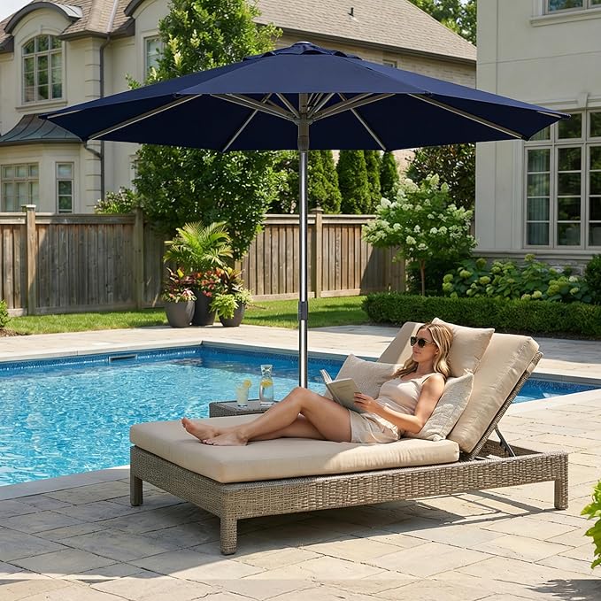 PURPLE LEAF 10FT Commercial Round Patio Umbrella Semi Auto Heavy Duty 1.9 Inch Aluminum Pole Wind Resistant for Business Restaurants Hotels Cafes Poolside Garden Navy Blue