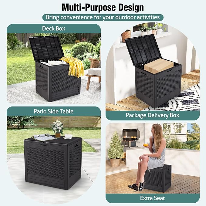 Giantex 25 Gallon Outdoor Storage Box, PP Deck Container with Rattan Patterns & Lockable Lid, All-Weather Patio Plastic Storage Bin for Package Delivery, Garden Tools, Patio Cushions (Brown)