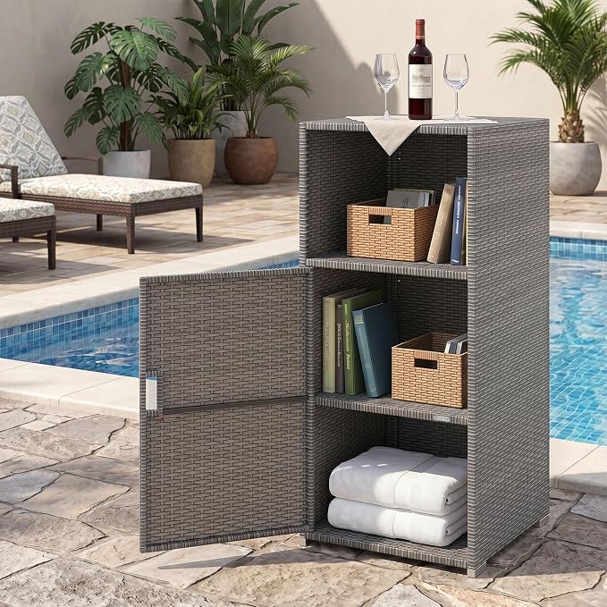 Tangkula Rattan Outdoor Storage Cabinet, Patiojoy PE Wicker Outdoor Cabinet with 3 Storage Shelves, Open Compartment and Door, Patio Storage Deck Box for Porch, Poolside, Backyard