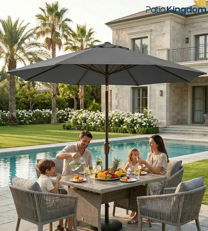 PatioKingdom 9FT Patio Outdoor Umbrella-UPF 50+ Sun Shade with Wind Vent, Push-Button Tilt & Smooth Crank Lift, Rust-Resistant Fiberglass Frame for Garden, Backyard,Yard (Gray)