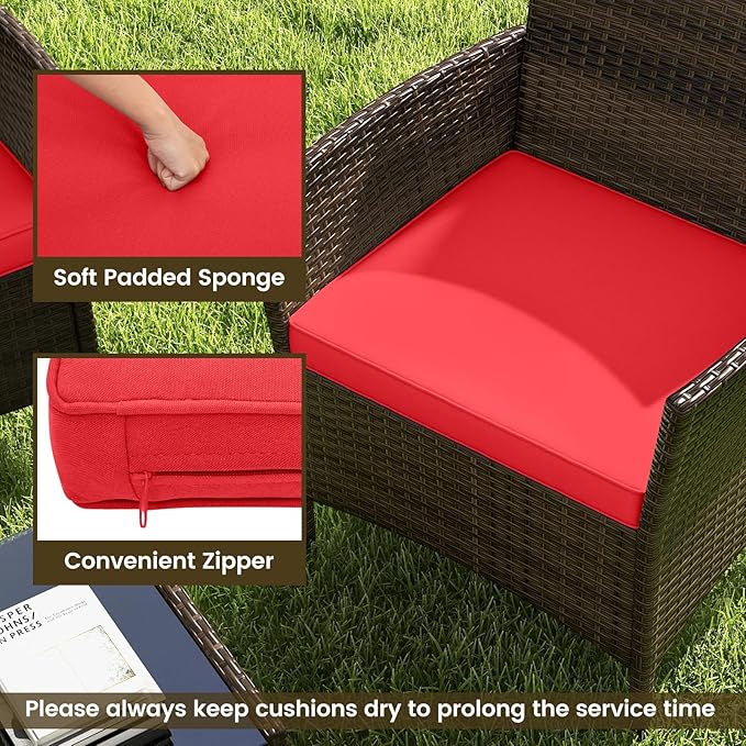 RELAX4LIFE 4-Piece Patio Furniture Set - Rattan Outdoor Conversation Bistro Set w/Cushions, Glass Coffee Table, Wicker Chairs & Loveseat for Garden Backyard Porch, Balcony Furniture Set (1, Red)