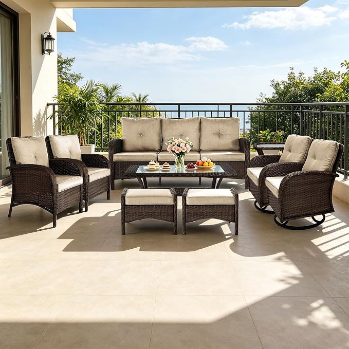 All Weather Patio Furniture Set, High Back Swivel Rocker Glider Chairs，Ottomans & Glass Tables, Outdoor Conversation Set for Deck Porch Yard Poolside (Brown, 9PCS-Swivel Chairs&Chairs&Sofa&Tables)