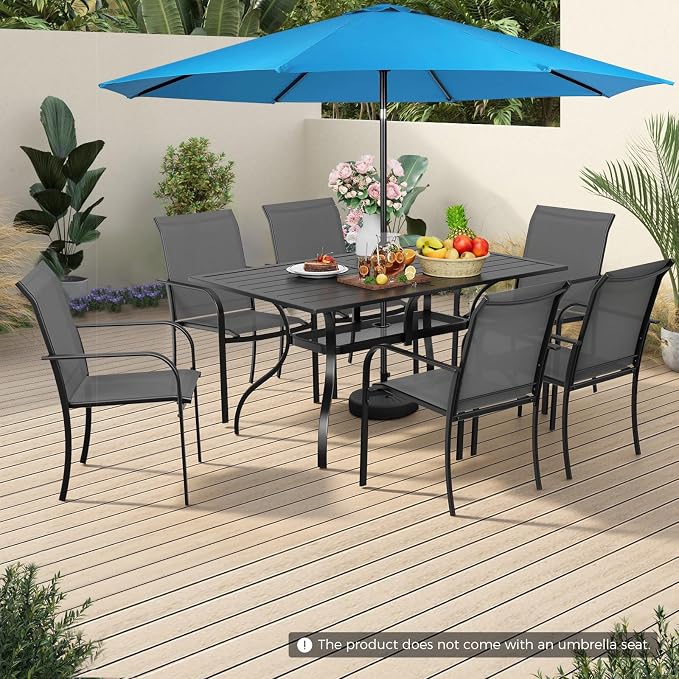 Incbruce 8 Pieces Patio Dining Set with Sky Blue Umbrella, Outdoor Dining Set of 6 Textilene Chairs and Rectangle Table with Umbrella Hole for Backyard, Garden, and Poolside (Grey)