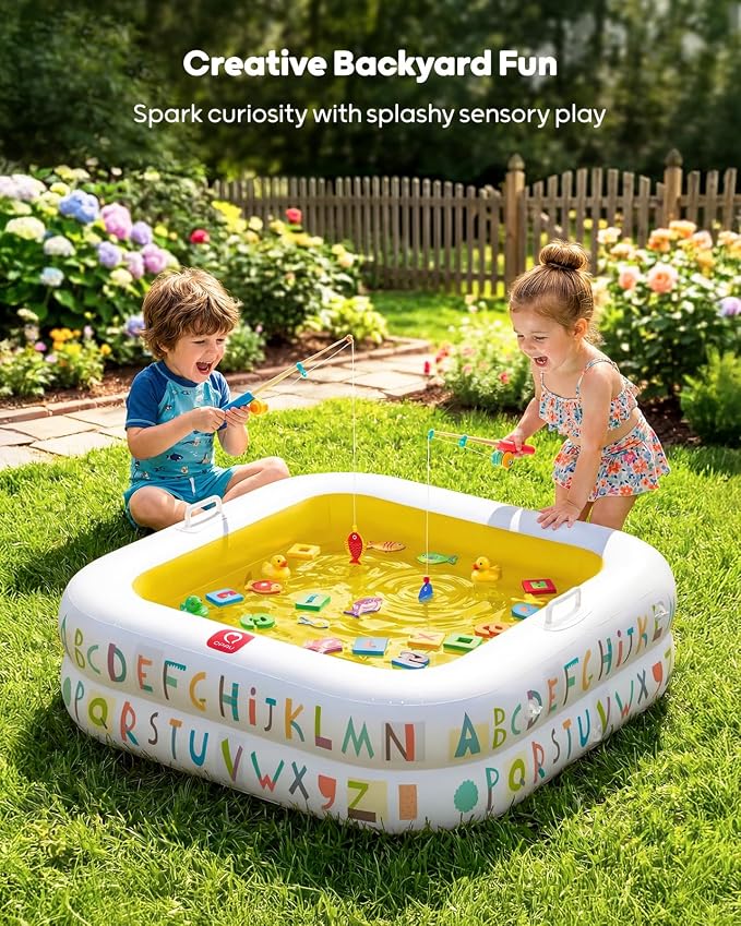 QPAU Baby Pool with Detachable Canopy for Sun Protection, 35" x 10" Portable Inflatable Kids Pool with Padded Bottom, Kiddie Pool & Ball Pit with Handles for Backyard and Indoor, Ages 1-3 (Yellow)