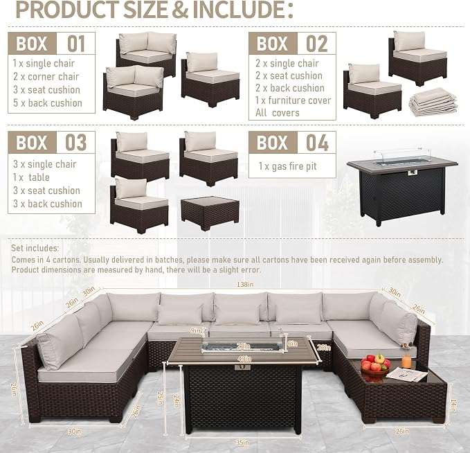 Lviden 10 Pieces Wicker Patio Furniture Set Outdoor PE Rattan Sectional Conversation Sofa Set with Non-Slip Cushions and 45" Fire Pit Table, Beige