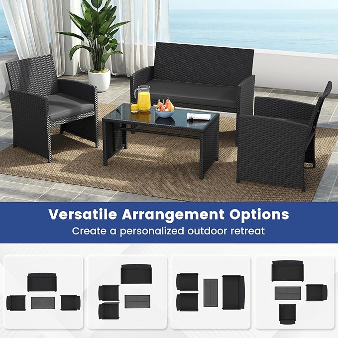 Tangkula 4 Pieces Patio Wicker Furniture Set, Outdoor Heavy Duty Rattan Cushioned Chairs, Loveseat and Tempered Glass Coffee Table, for Backyard, Balcony, Poolside (1, Black)