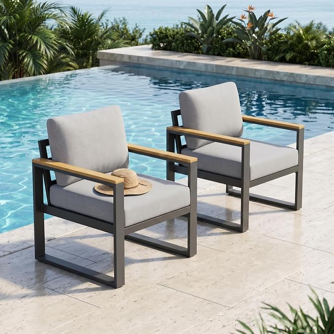 All-Weather Rust-Resistant Aluminum Patio Armchairs Set of 2 – Upgraded Cushions – Durable Metal Outdoor Seating for Balcony, Garden, Deck, Backyard – Gray