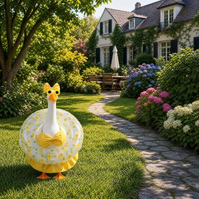 Summer Porch Goose Outfit with Sunglasses and Swim Ring for 23" Goose Statue Hawaiian Bikini Goose Outfits Porch Goose Clothes Costume for Garden Lawn Yard Decor(Yellow DOTT)