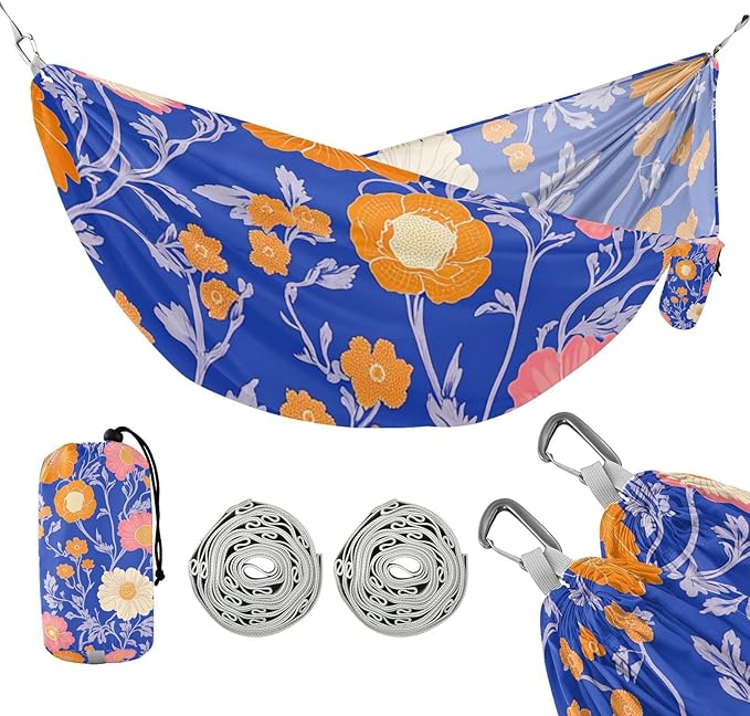 Bright Blue Background Orange Pink Flowers 330lb Capacity Hammocks with Portabl Carry Bag Backyard Hammock for Outside Beach Patio Garden capas para la Lluvia