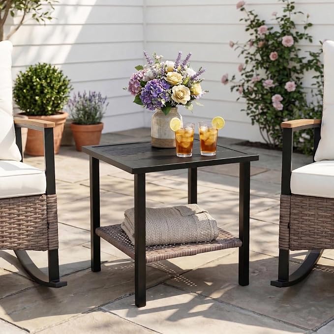 Sunset Escape Wicker Side Table, Rattan Outdoor End Table with Wood Grain Tabletop and 2-Tier Storage for Patio, Balcony and Garden, Black/Brown