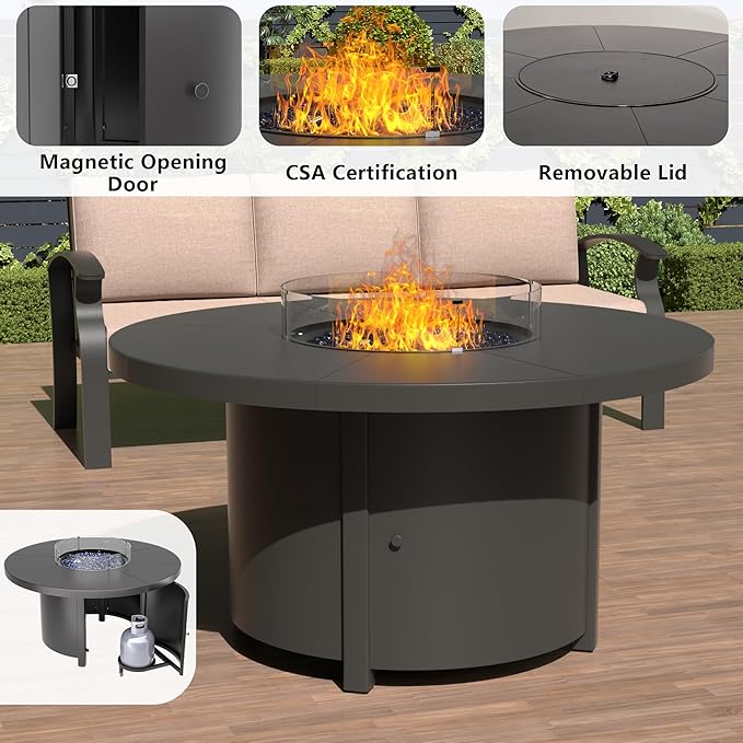 ALAULM Aluminum Patio Furniture Set with Round Propane Fire Pit Table 7-seat Metal Outdoor Furniture w/5.1" Cushions Patio Sectional Sofas for Porch, Lawn, Poolside（Sand