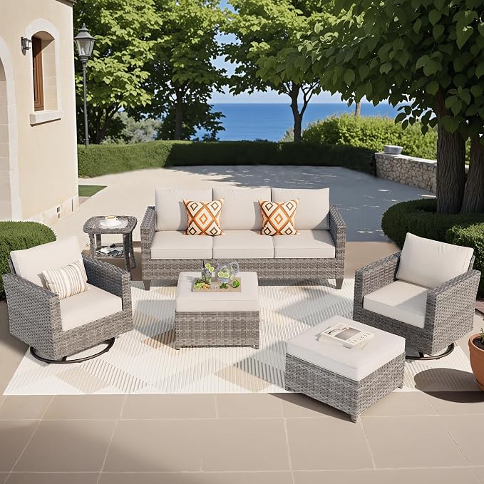 ovios 6 Pieces Patio Furniture Set, Outdoor Wicker Rattan Sofa Couch with Swivel Glider Chairs Comfy Cushions, Modern Conversation Set for Deck Backyard Porch, Beige