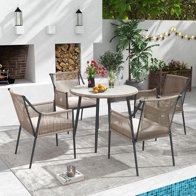 Patiorama 5-Piece Patio Dining Set, Outdoor Dining Table Chair Set, All-Weather Embossed Rattan Wicker Rope Conversation Set w/Umbrella Hole, Patio Furniture Set, 4 Cushioned Chairs&Glass Table(Beige)