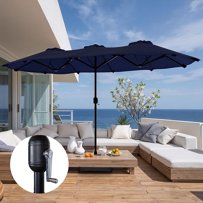 Shintenchi 16FT Large Patio Umbrella with Base Included, Outdoor Double-Sided Rectangular Shade with Crank Handle for Poolside Lawn, Deck & Garden, Dark Blue