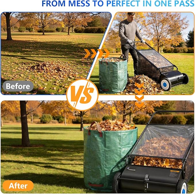 26" Lawn Sweeper Push, Push Lawn Sweeper for Leaves & Grass Clippings, Manual Yard Sweeper with Clear Dust Cover & Large Collection Bag for Lawn Yard Cleanup