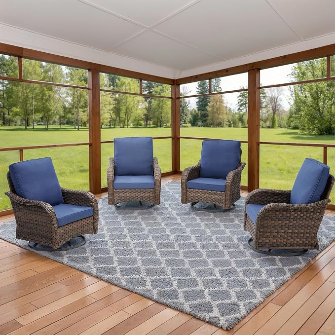 4 PCS Patio Swivel Rocking Chairs Set, Outdoor Wicker Furniture with 4-Inch Thick Olefin Cushions, 300 lbs Capacity Swivel Rocker Chairs with Curved Armrests for Garden, Porch, Backyard, Blue