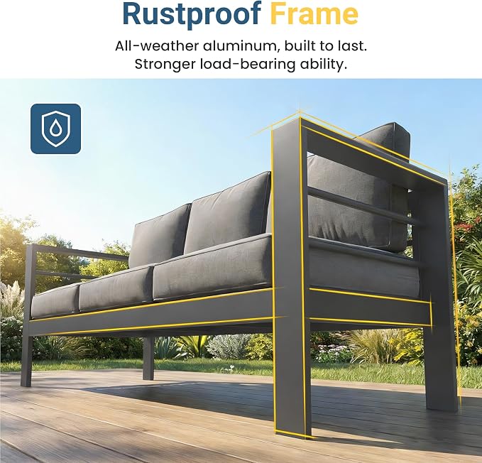 Wisteria Lane 6 Pieces Aluminum Patio Furniture Set with Umbrella, All Weather Oversized Outdoor Furniture Set with Deep Seat and Back Cushion, Patio Conversation Sets with Wide armrest, Gray & Gray