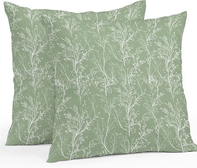 Sage Green Branches Waterproof Outdoor Pillow Covers Set of 2 Home Decor, Abstract Art Leaves Plant Pillowcase Patio Pillow Covers for Couch Bench Patio Furniture Garden 18x18in