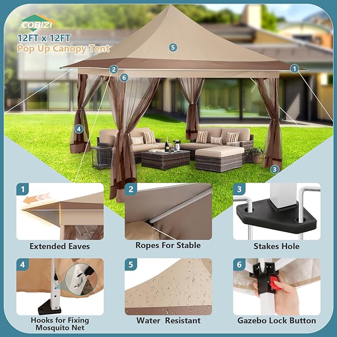 COBIZI 12x12 Pop Up Gazebo On Clearance,Outdoor Canopy Tent with Mosquito Netting,UPF50+,Adjustable Height and 144 Square ft of Shade for Party, Backyard, Gardens with Superior Peaked Roof（Khaki）