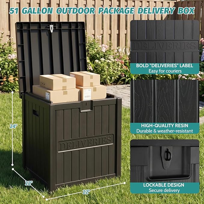 EHHLY 51 Gallon Package Delivery Box for Outside, Resin Lockable Secure Parcel Drop Box, Waterproof Deck Box for Front Porch, Curbside, Patio