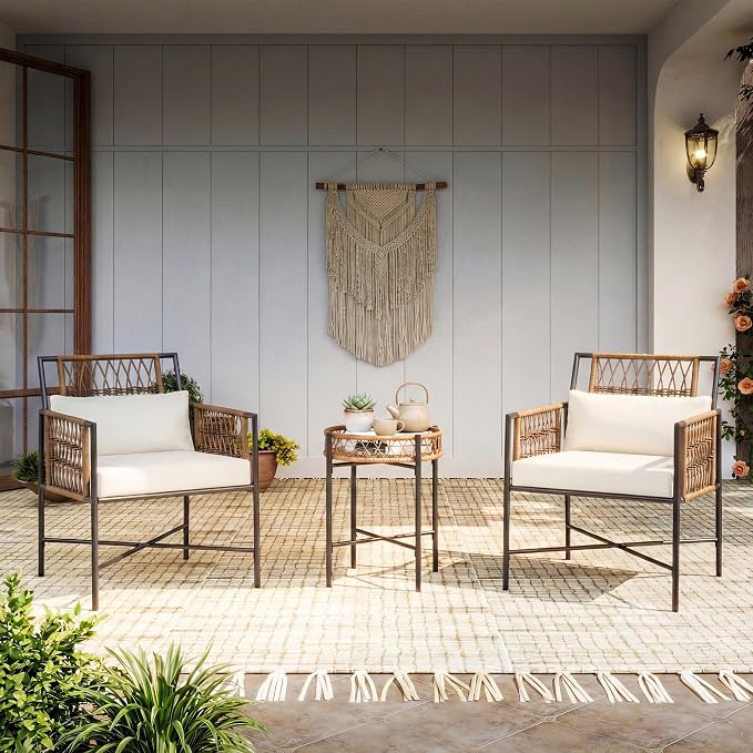 LAUSAINT HOME 3 Piece Patio Furniture Set, Outdoor Wicker Bistro Set with Handwoven PE Rattan Chairs & Round Side Table, Steel Frame Conversation Set for Patio, Balcony, Backyard, Poolside, Beige