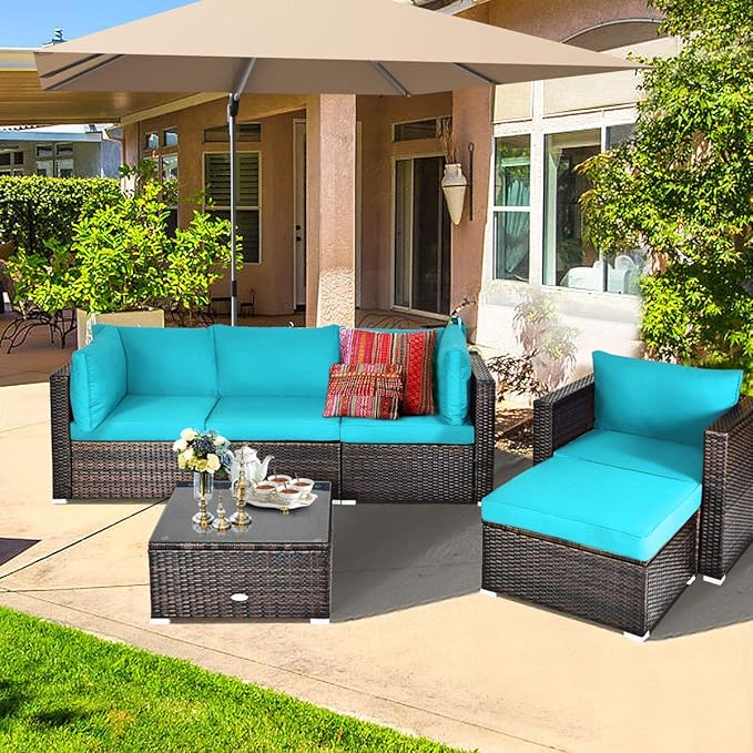 HAPPYGRILL 6 Pieces Patio Conversation Set Outdoor Furniture Set Rattan Wicker Sectional Sofa Set with Soft Cushions Coffee Table Ottoman for Backyard Garden Poolside