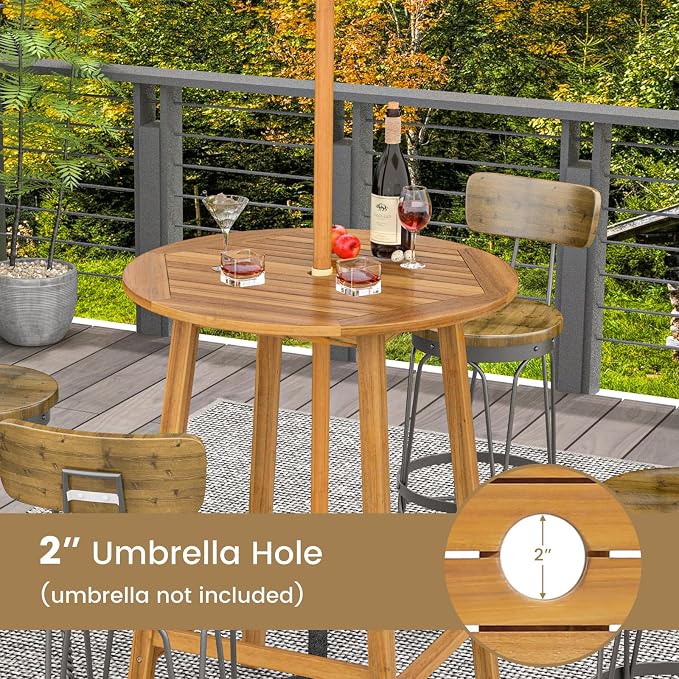Tangkula 31.5” Acacia Wood Patio Bar Table, Round Bistro Table with Umbrella Hole, Outdoor Dining Table for Garden, Backyard, Poolside