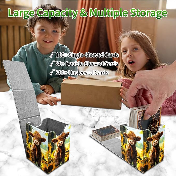 Sunflower Baby Cow Card Deck Box for MTG, Personalized Card Storage Case Fits 120+ Sleeved Cards, Premium Leather TCG Box with Strong Magnetic Closure for Magic, CCG, PTCG, Baseball Cards