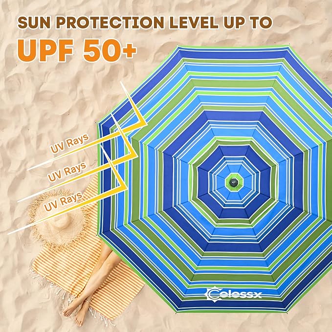 Beach Umbrella for Sand - Windproof Heavy Duty Iron Pole with Sand Anchor, UPF 50+ UV Protection & Tilt Mechanism, Portable Sun Shade Parasol, Carrying Bag for Beach Patio Garden Outdoor
