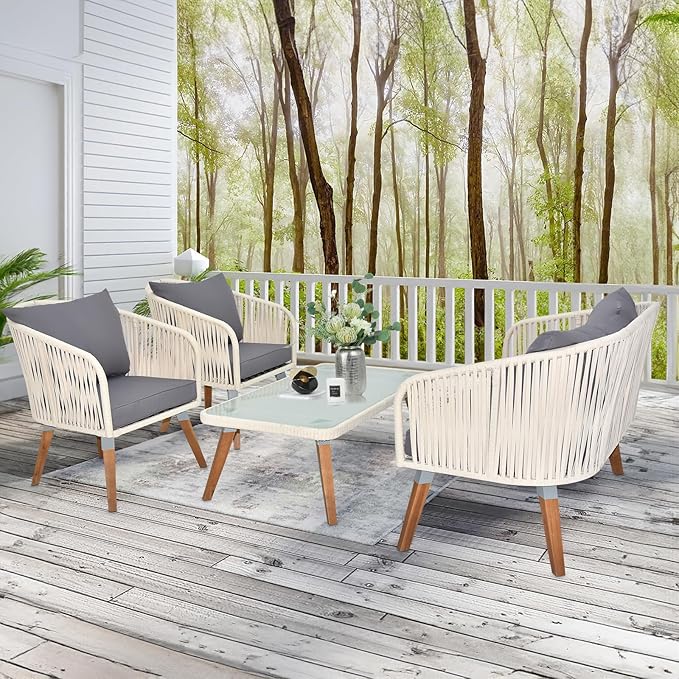 VINGLI 4 Pieces Outdoor Patio Furniture Set, Wicker Conversation Sofa Sets for Balcony, Porch or Backyard