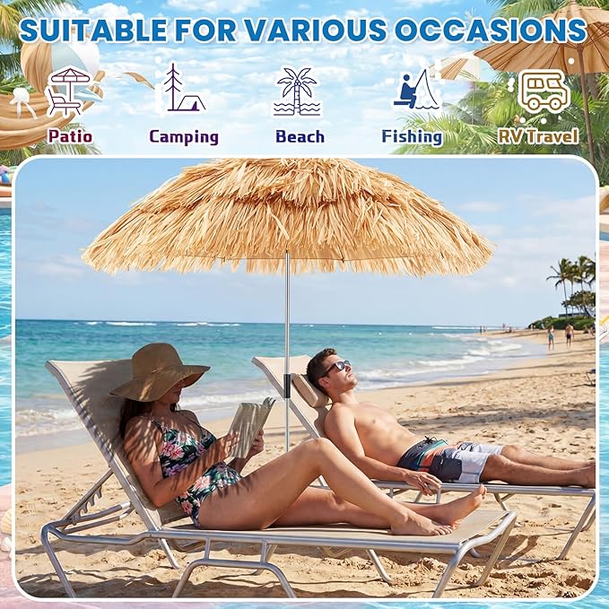 Aliceset 1 Pack Beach Chair Umbrella, 360° Adjustable Tiki Straw Clip on Umbrella, UV Protection, 52 Inch, 180° Swivel Hinge, 8 Ribs Sun Shade for Tropical Patio Camping Pool Fishing Sand Rv Travel