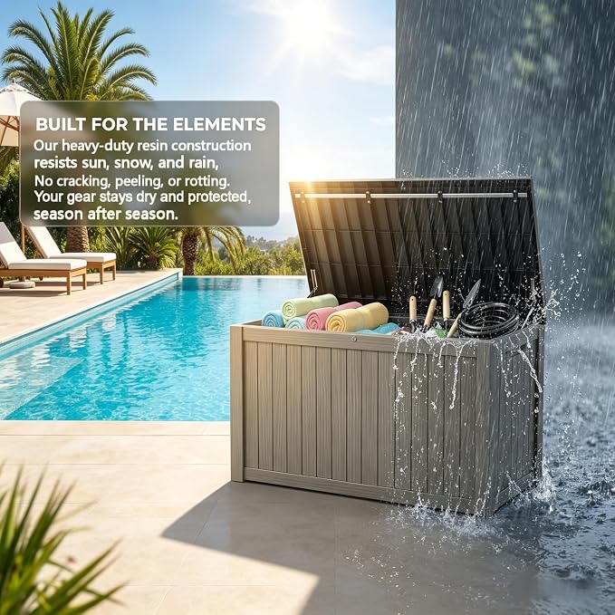 178 Gallon Resin Deck Box with Gas Lift Support – Outdoor Storage for Patio Furniture, Garden Tools & BBQ Accessories – Weatherproof Wood Grain Design with 660 Lbs Bench Seat (Lockable Lid)
