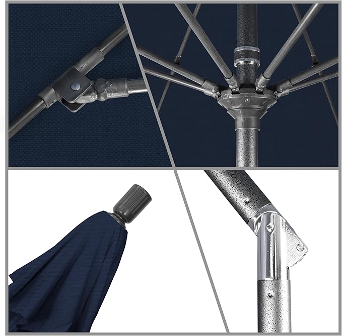 California Umbrella 11Ft Fiberglass Rib Patio Umbrella, Hand-Crank, Tilt-Collar, Gray Frame, Solution Dyed Navy Fabric