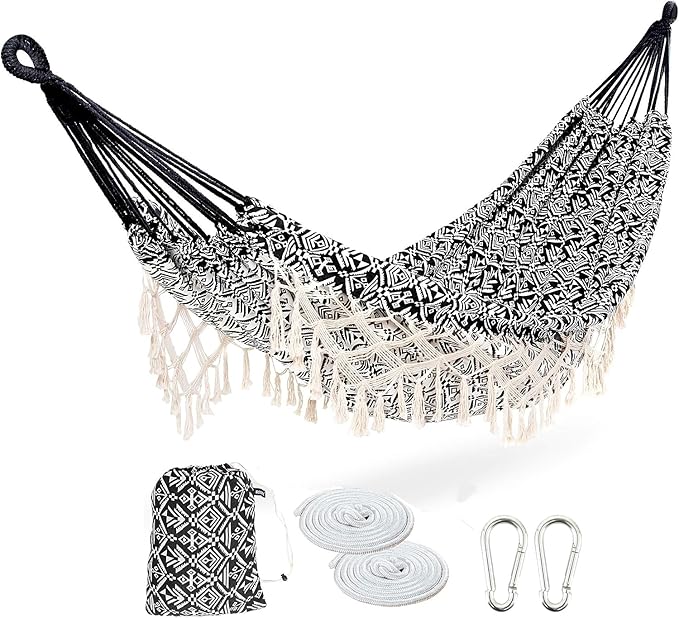 Portable Hammock with Tassel,2 Person,Brazilian Tree Hammocks with Carry Bag for Bedroom,Garden,Backyard,Patio,Outdoor and Indoor XX-Large Black/White Woven Cotton Fabric, Up to 450Lbs