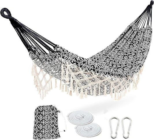 Portable Hammock with Tassel,2 Person,Brazilian Tree Hammocks with Carry Bag for Bedroom,Garden,Backyard,Patio,Outdoor and Indoor XX-Large Black/White Woven Cotton Fabric, Up to 450Lbs