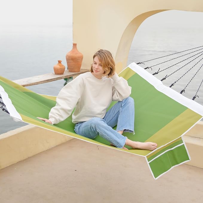 GAFETE 14ft 2 Person Hammock for Outside, Quick Dry Textilene, Portable Hammocks Without Stand with Folding Steel Spreader Bar, Carrying Bag, Tree Straps, Pillow & Sidebag, 550 lbs Capacity (Green)
