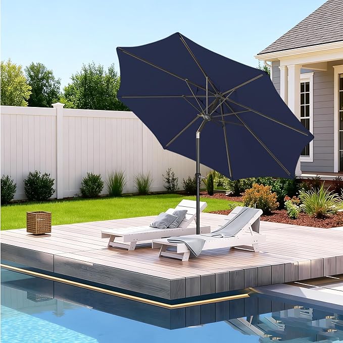 9FT Outdoor Patio Umbrella Outdoor pool Umbrella with Push Button Tilt and Crank, Market Umbrella 8 Sturdy Ribs UV Protection for Garden, Deck, Backyard (navy)