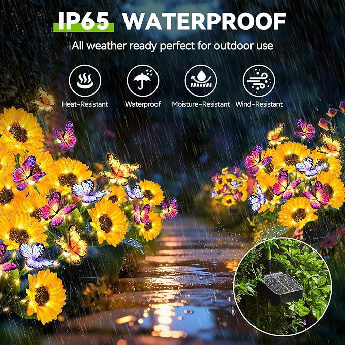 Solar Garden Lights Outdoor, 3 Pack Sunflower Solar Lights with Butterflies, Waterproof Solar Flower Lights For Yard Patio Garden Decor, Auto On/Off Solar Flowers Decorative, Gifts For Mom Women