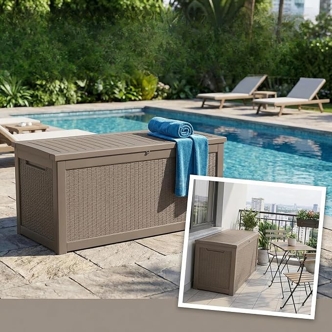Outdoor Storage Deck Box, Large Patio Container for Garden Tools, Cushions and Yard Accessorie.Lockable Waterproof Resin Weatherproof Storage Container (Light Brown, 320 Gallon)