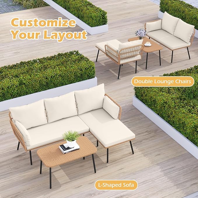 Tangkula 3 Pieces L-Shaped Patio Furniture Set, Outdoor Sectional Cushioned Sofa with Coffee Table, Removable Cushions, Boho Rattan Outdoor Conversation Set for Backyard Porch Balcony (White)