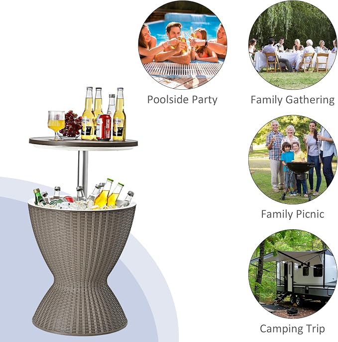 Cool Bar Table with Ice Bucket, 8 Gallon Rattan Style Patio Bar Cooler Table w/Height Adjustable Tabletop, Beer and Wine Cooler, Outdoor Cocktail Coffee Table for Pool Party Deck (Coffee)
