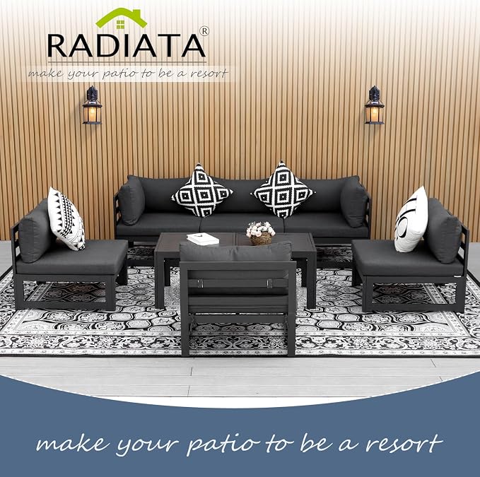 RADIATA 8 Pcs L Shaped Contemporary Aluminum Outdoor Furniture Set, 29" Deep Wide Couch Set for 500 lbs High Weight Capacity, Large Modular Patio Sectional Sofa with Coffee Table for Garden, Dark Grey