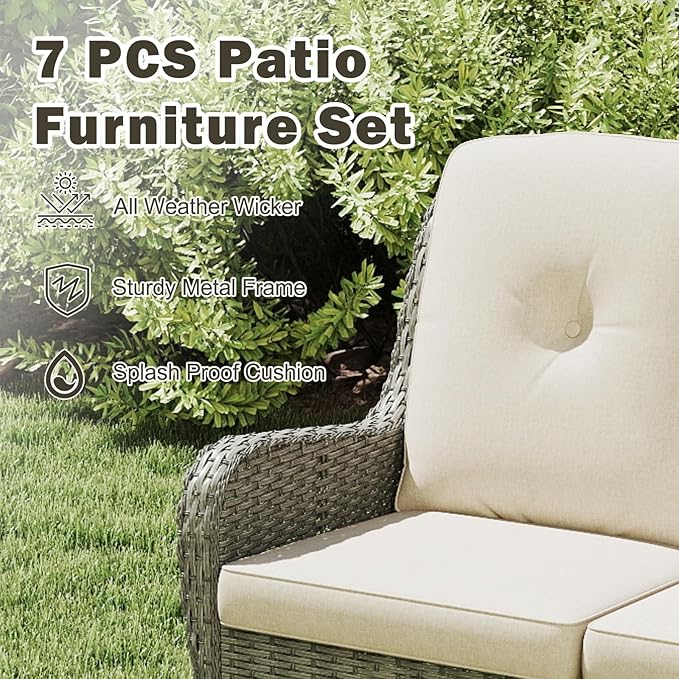 Kinsuite 7 PCS Patio Furniture Set, Outdoor Conversation Sets with Swivel Chairs & Ottomans, All-Weather Gray Wicker Sectional Sofa with Thicken Cushions for Garden, Lawn, Deck, Backyard, Khaki