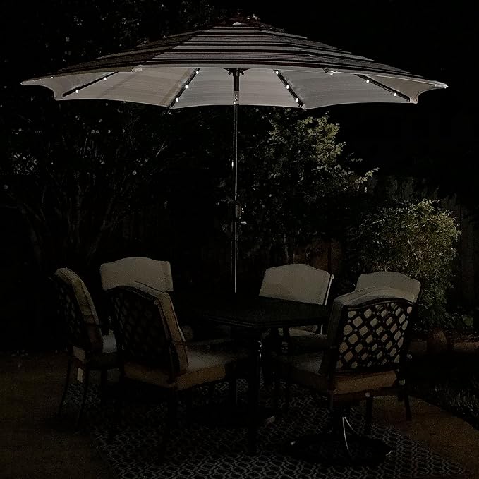 9' Round Patio Umbrella with 32 Solar Powered LED Lights, Push-Button Tilt and Hand Crank Lift, Solar Lighted Umbrella in Scarlet Stripe for Patio, Porch, and Backyard by Sun-Ray