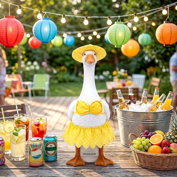 3Pcs Summer Porch Goose Outfit - Porch Goose Clothes | Yellow Polka Dot Porch Goose Bikini Outfit Set for 23 Inch Lawn Geese