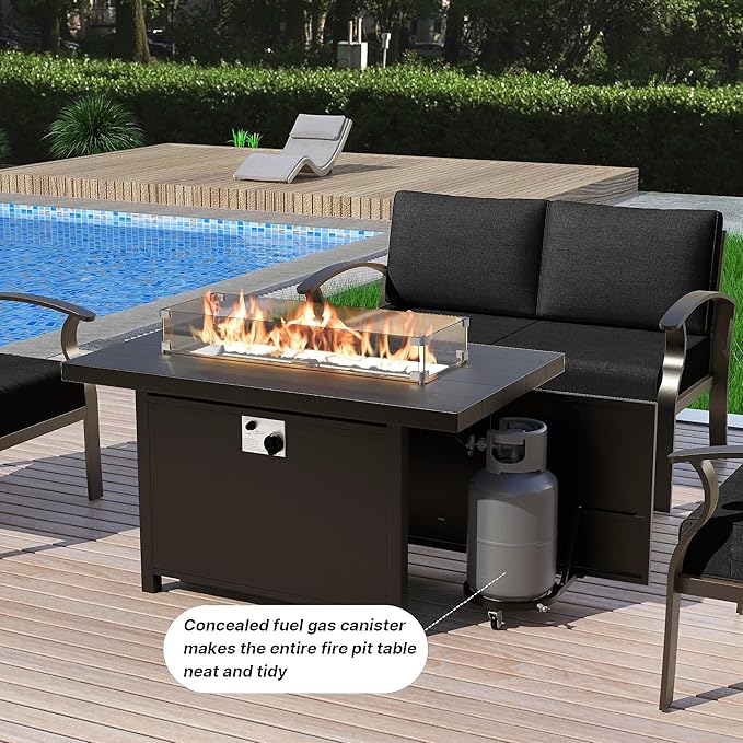Gotland Aluminum Patio Furniture Set with Fire Pit Table, Metal Patio Furniture with 5 Seats Waterproof 5.1'' Seat Cushions, Oversized Outdoor Sectional for Garden Balcony Porch Black