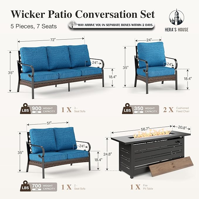 HERA'S HOUSE 5 Piece Metal Patio Furniture set with 56" Fire Pit Table, All Weather Outdoor Conversation Set, 3 Seat Sofa with Loveseat, 2 Fixed Chair, Seats 7 for Backyard, Garden, Deck, Pacific Blue
