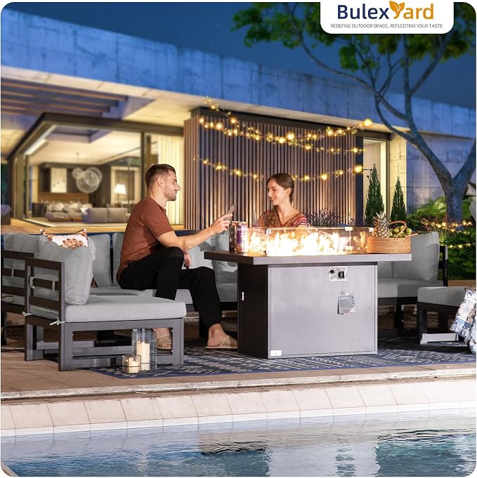 BULEXYARD 9 Piece Oversized Modular Outdoor Furniture Set with Fire Pit Table, 29" Deep Wide Sectional Seating, Heavy Duty Aluminum Frame for 500 lbs, Patio Conversation Set for Poolside, Light Gray